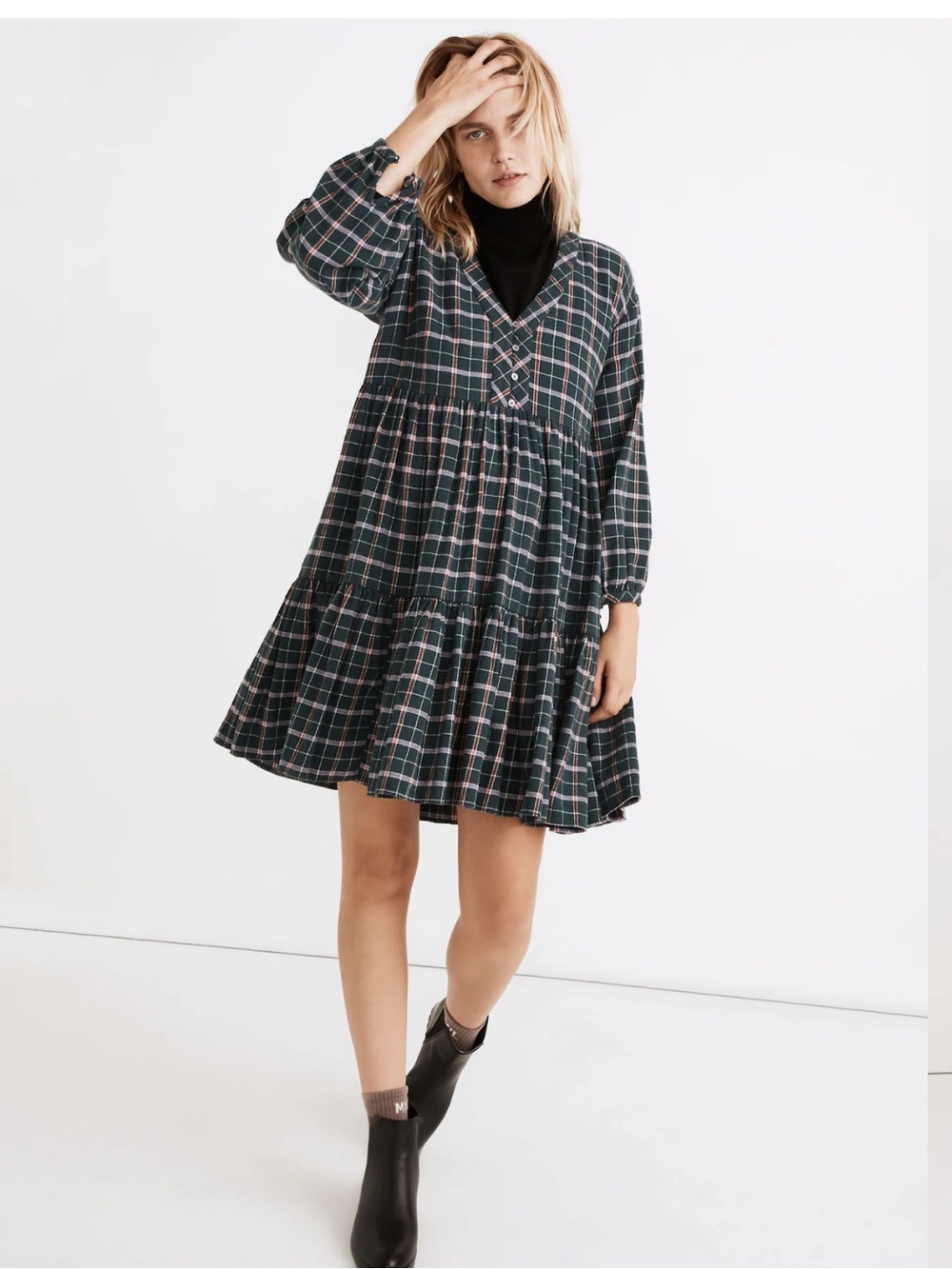 Madewell Colette Green Plaid Flannel Cotton Swing Tiered Mini Dress Size 14